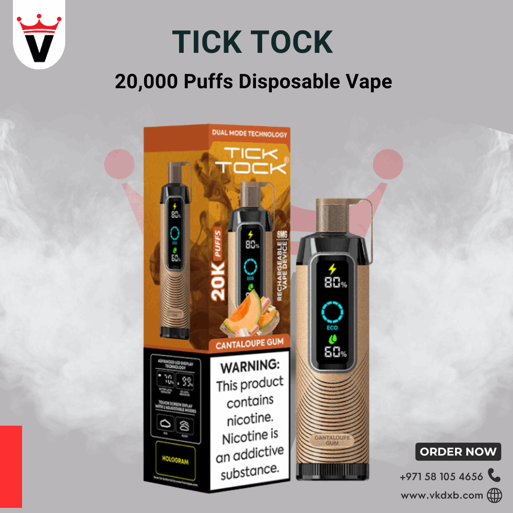 TICK TOCK 20000 PUFFS disposable vape with rechargeable battery and cantaloupe gum flavor, long-lasting and smooth vapor in Dubai.
