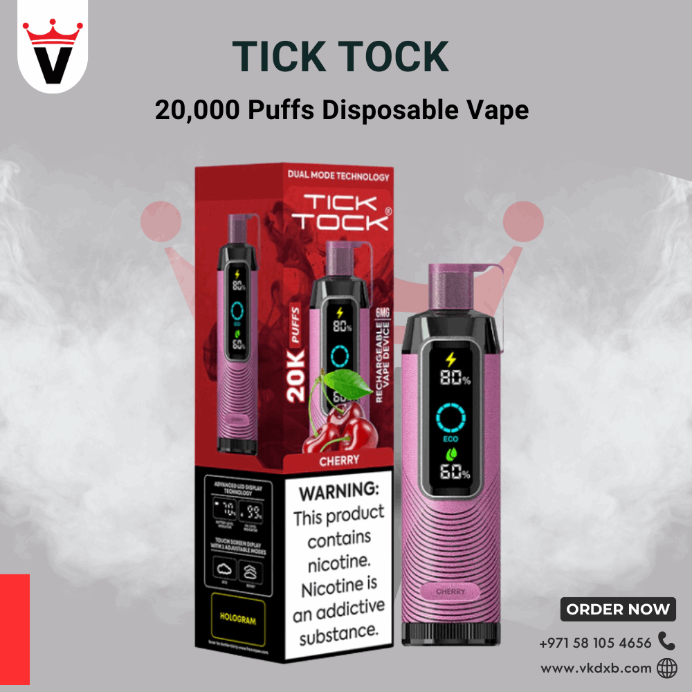 TICK TOCK 20000 PUFFS rechargeable disposable vape with cherry flavor and digital display in Dubai