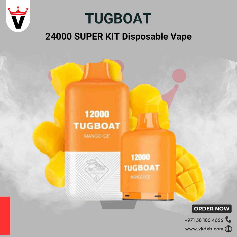Tugboat Super Kit 24000 puffs disposable vape with dual pods and mango ice flavor, featuring 850mAh rechargeable battery and nicotine salt, available in Dubai.