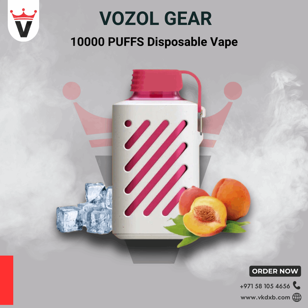 Vozol Gear 10000 puffs disposable vape with peach flavor, ice cubes, and sleek design for long-lasting vaping.