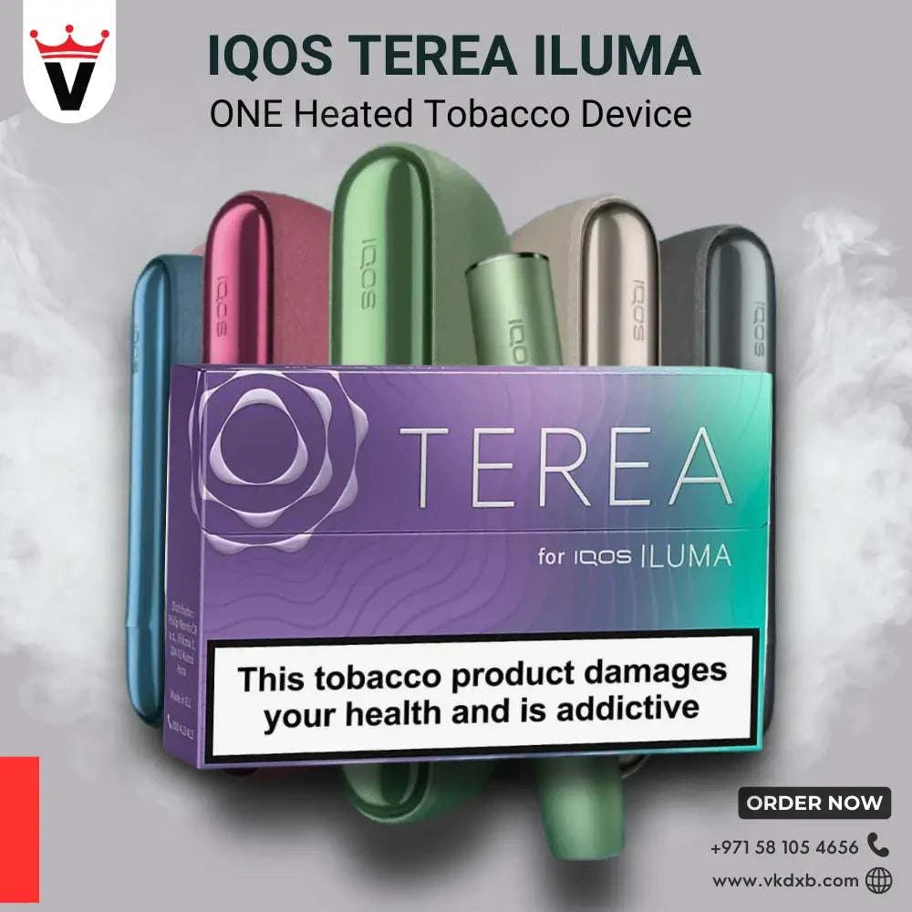 IQOS Terea ILUMA heated tobacco device with colorful sleek sticks and TEREA flavored tobacco pack