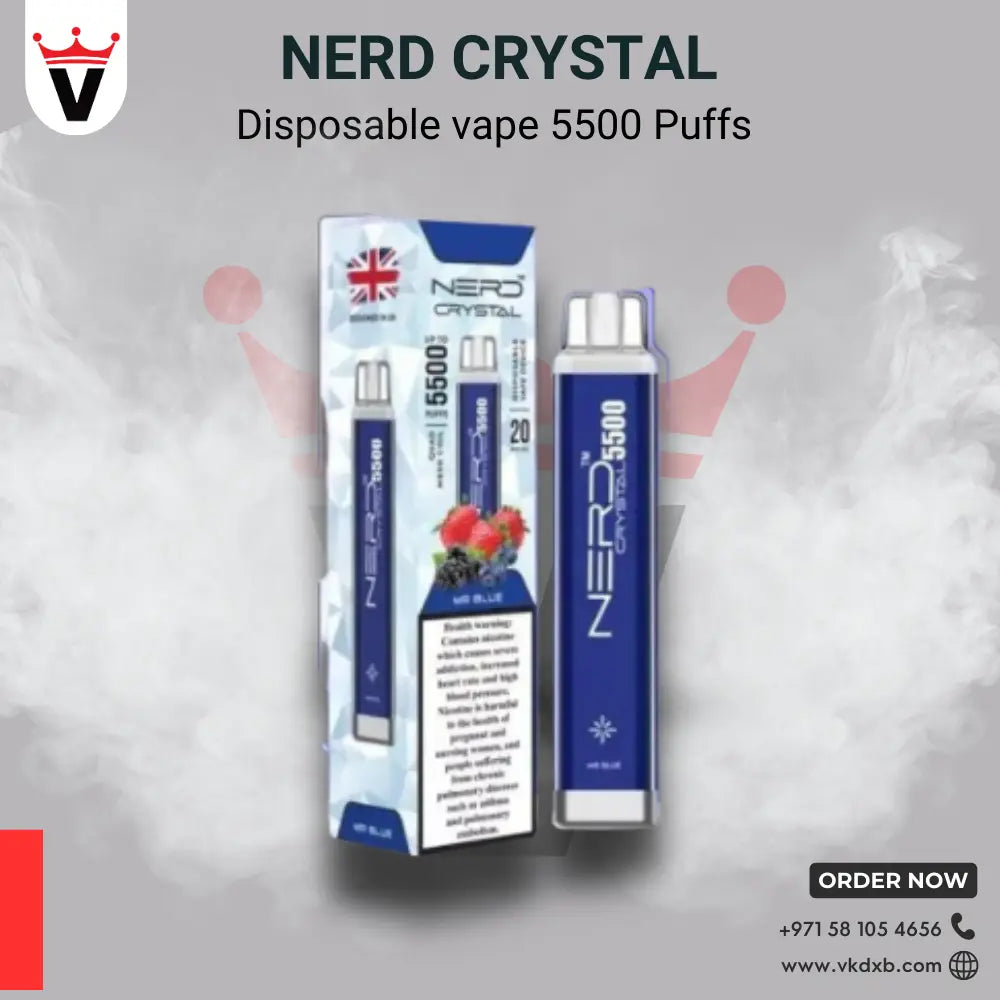 NERD Crystal disposable vape 5500 puffs in blue flavor with sleek design and packaging available in Dubai