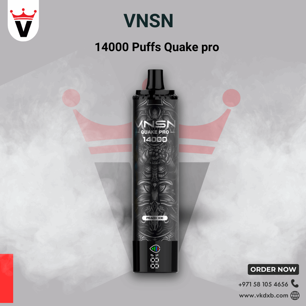VNSN Quake Pro 14000 Puffs Disposable vape in black with peach ice flavor and digital display