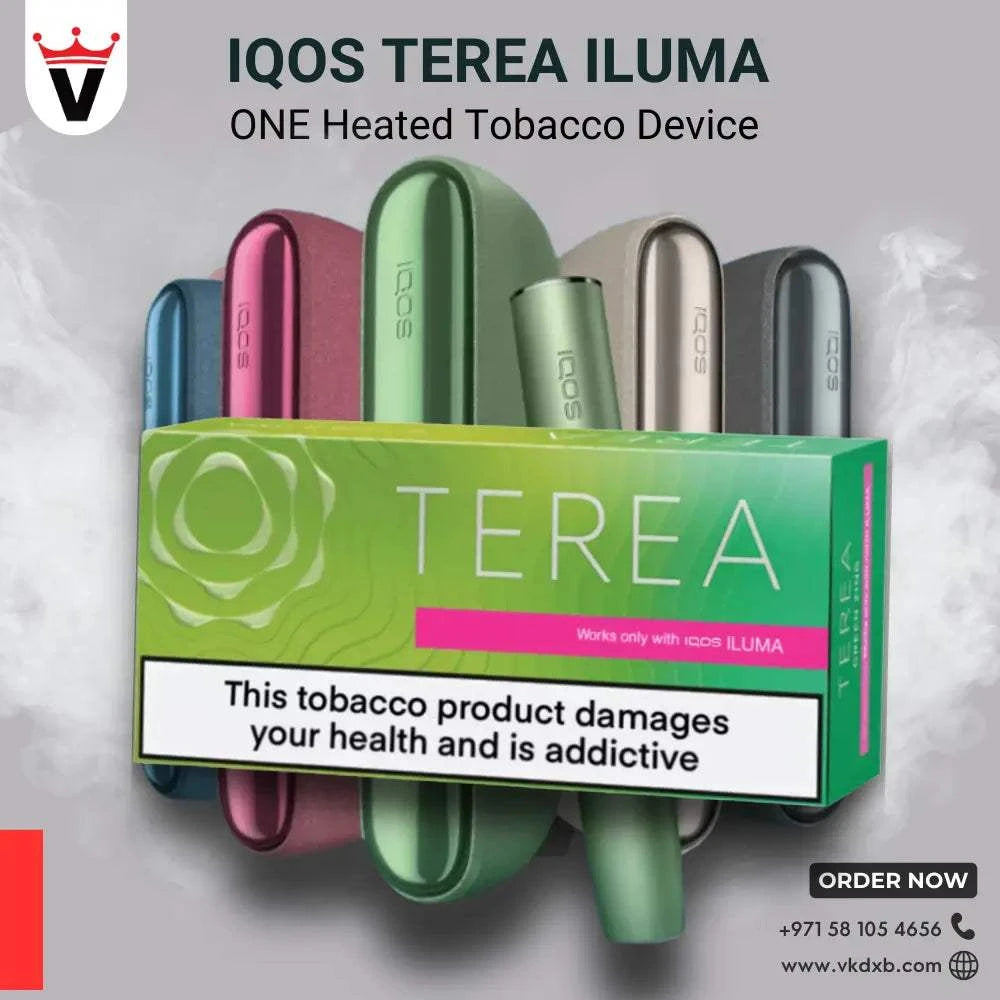 IQOS Terea ILUMA heated tobacco sticks in multiple colors with green TEREA packaging and health warning label