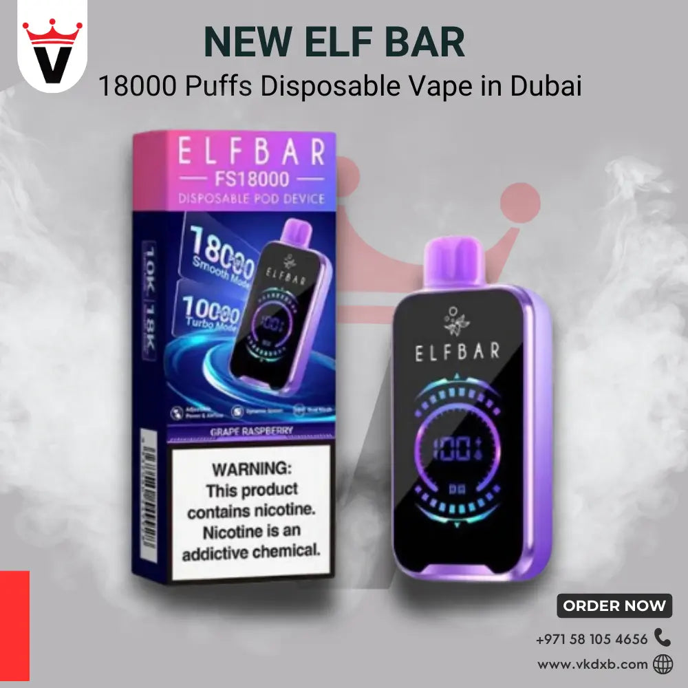 ElfBar 18000 Puffs disposable vape in Dubai with 18ml pre-filled e-liquid, 5% nicotine, dual mesh coil, adjustable airflow, and multiple flavor options.