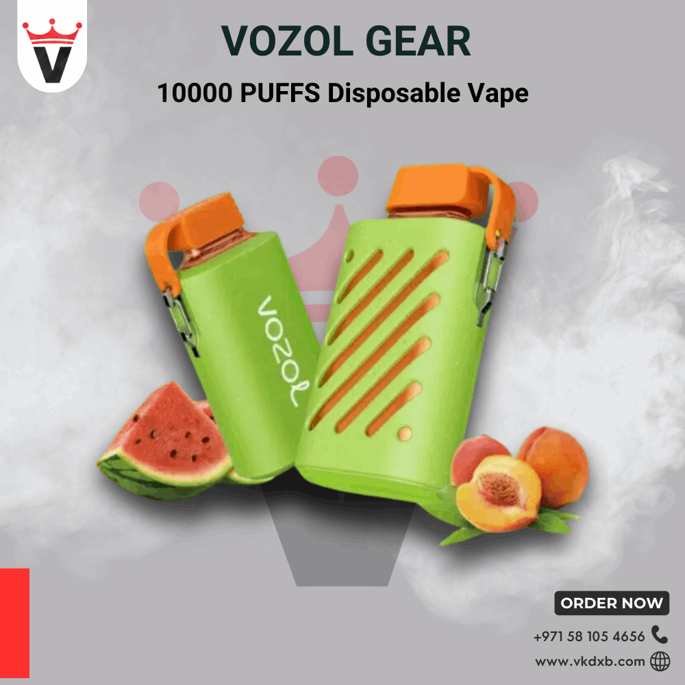 Vozol Gear 10000 puffs disposable vape in green with orange accents beside watermelon and peach fruits on smoky background