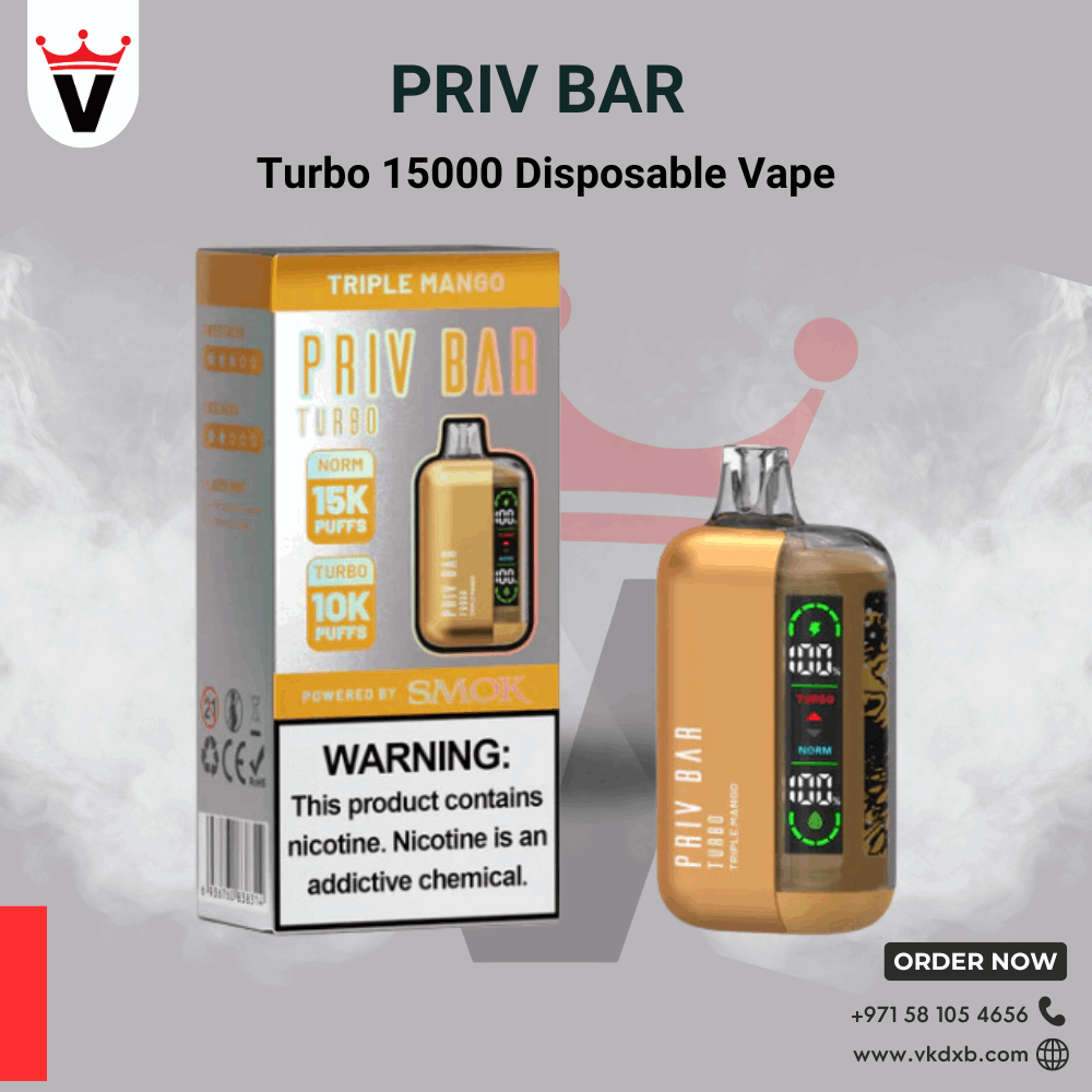 Priv Bar Turbo 15000 Puffs disposable vape with adjustable airflow and LED display in triple mango flavor.