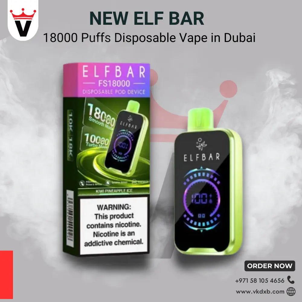 ElfBar 18000 Puffs Disposable Vape with 18ml e-liquid and 5% nicotine, portable design, adjustable airflow, and multiple fruit flavors available in Dubai.
