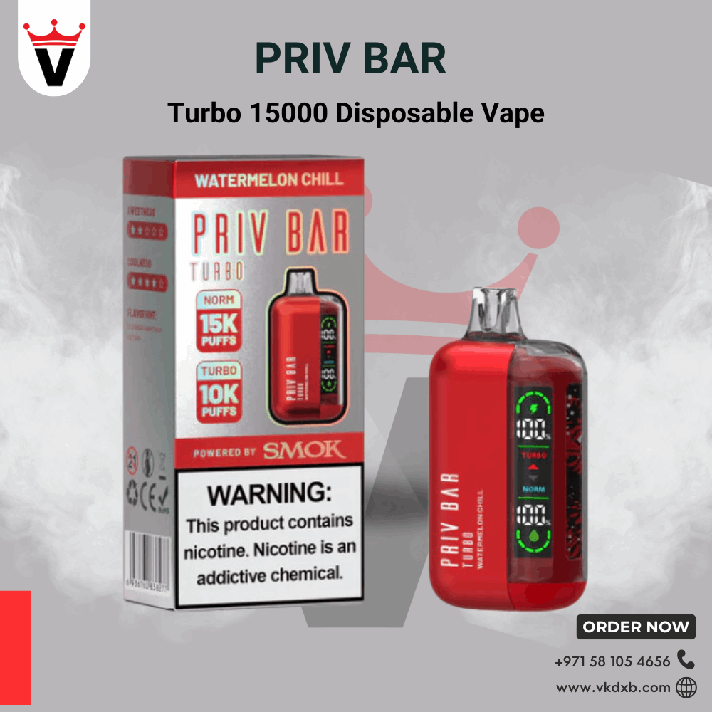 Priv Bar Turbo 15000 Puffs disposable vape with adjustable airflow, LED display, and multiple flavor options including Watermelon Chill.