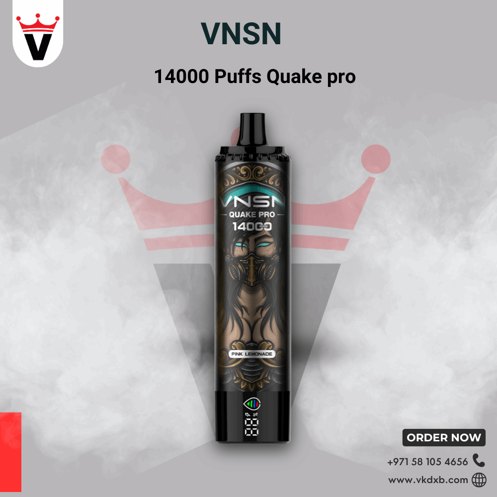 VNSN Quake Pro 14000 PUFFS Disposable vape in black with decorative design, featuring pink lemonade flavor, advertised by Vape King DXB