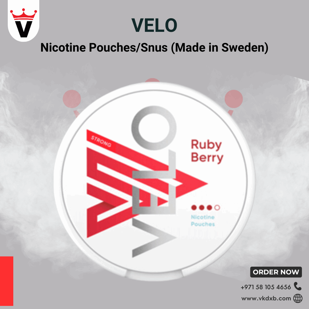 VELO Nicotine Pouches Ruby Berry flavor container, tobacco-free smoke-free nicotine alternative from Sweden.