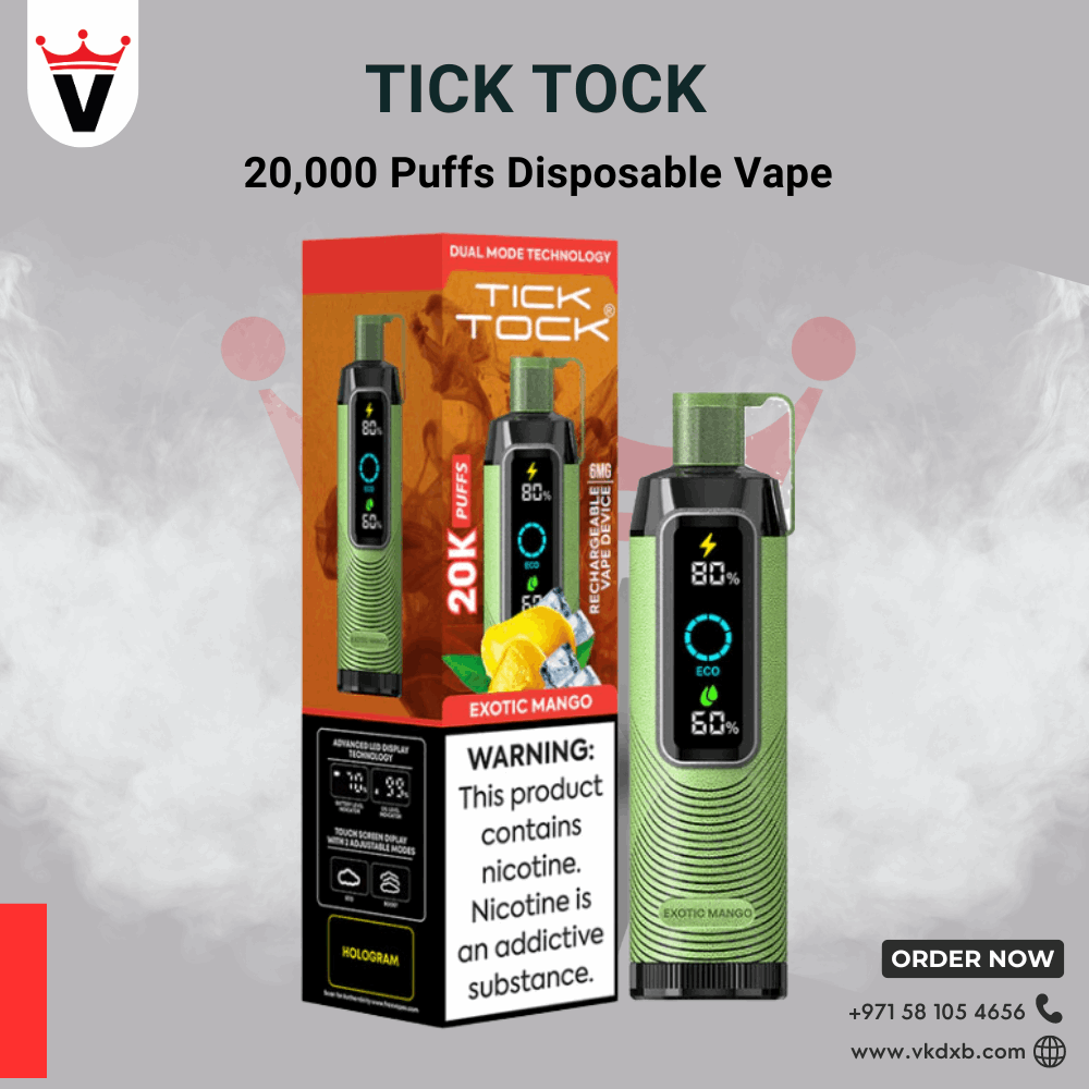 TICK TOCK 20000 PUFFS disposable vape in Exotic Mango flavor with rechargeable battery and digital display, available in Dubai.