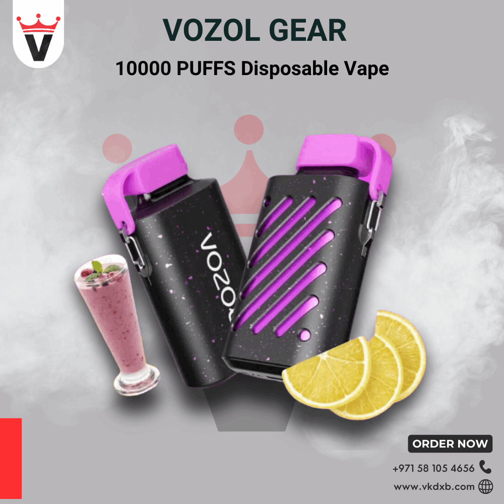 Vozol Gear 10000 puffs disposable vape with purple accents, lemon slices, and a berry smoothie, featuring eco-friendly design and fast charging battery.