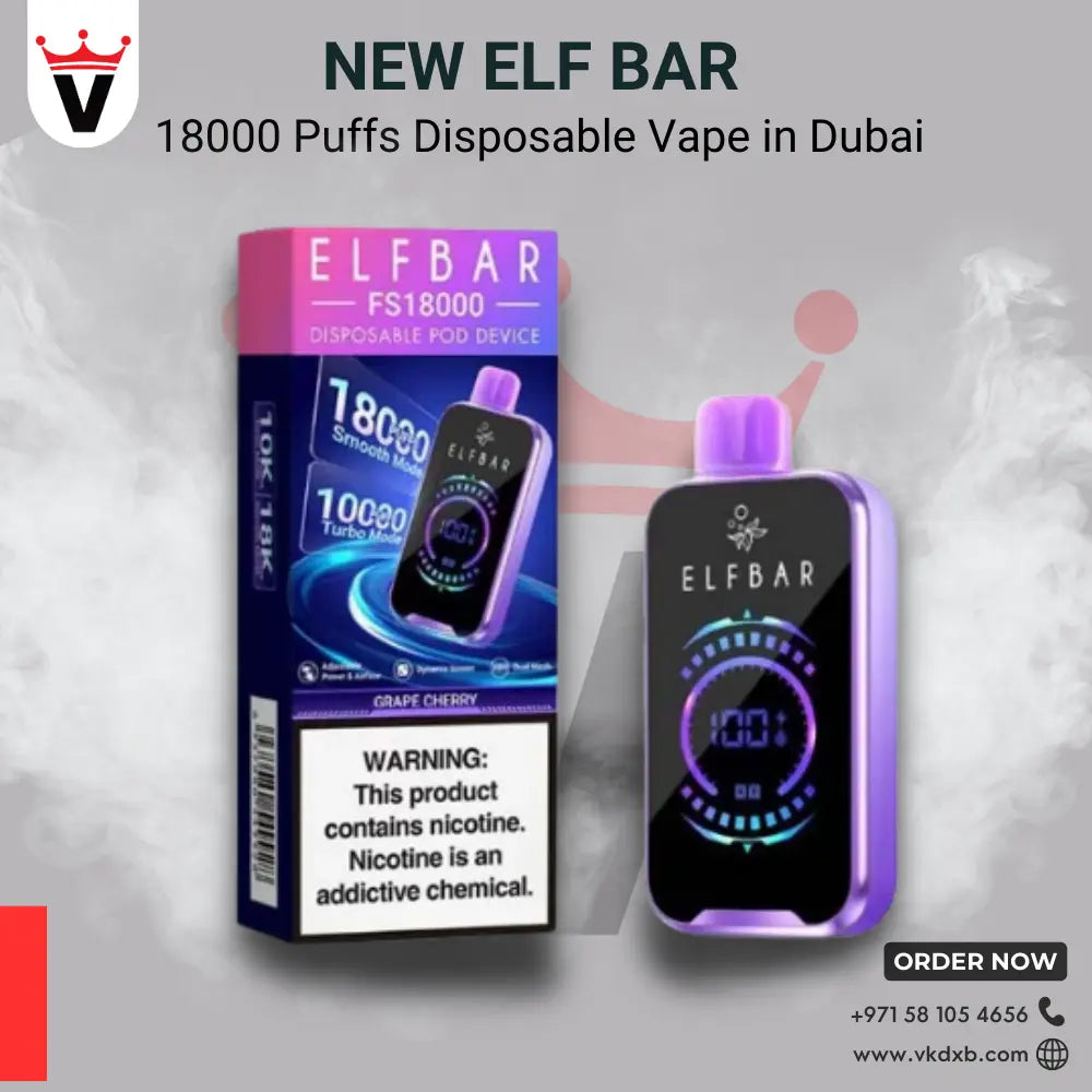 ElfBar 18000 Puffs disposable vape in Dubai with 18ml e-liquid, dual mesh coil, adjustable airflow, and multiple flavor options.