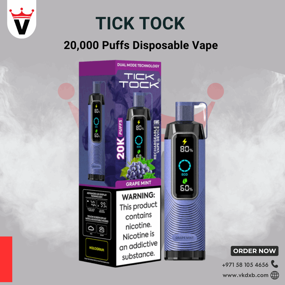 TICK TOCK 20000 PUFFS disposable vape in grape mint flavor with rechargeable battery and digital display, available in Dubai.