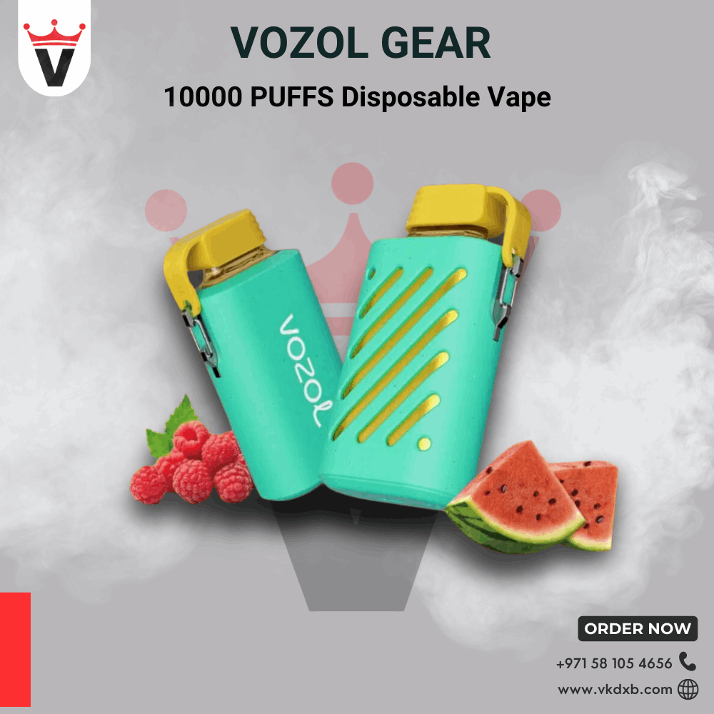 Vozol Gear 10000 Puffs Disposable Vape in blue with yellow accents featuring raspberry and watermelon flavors, eco-friendly design, and fast charging battery.