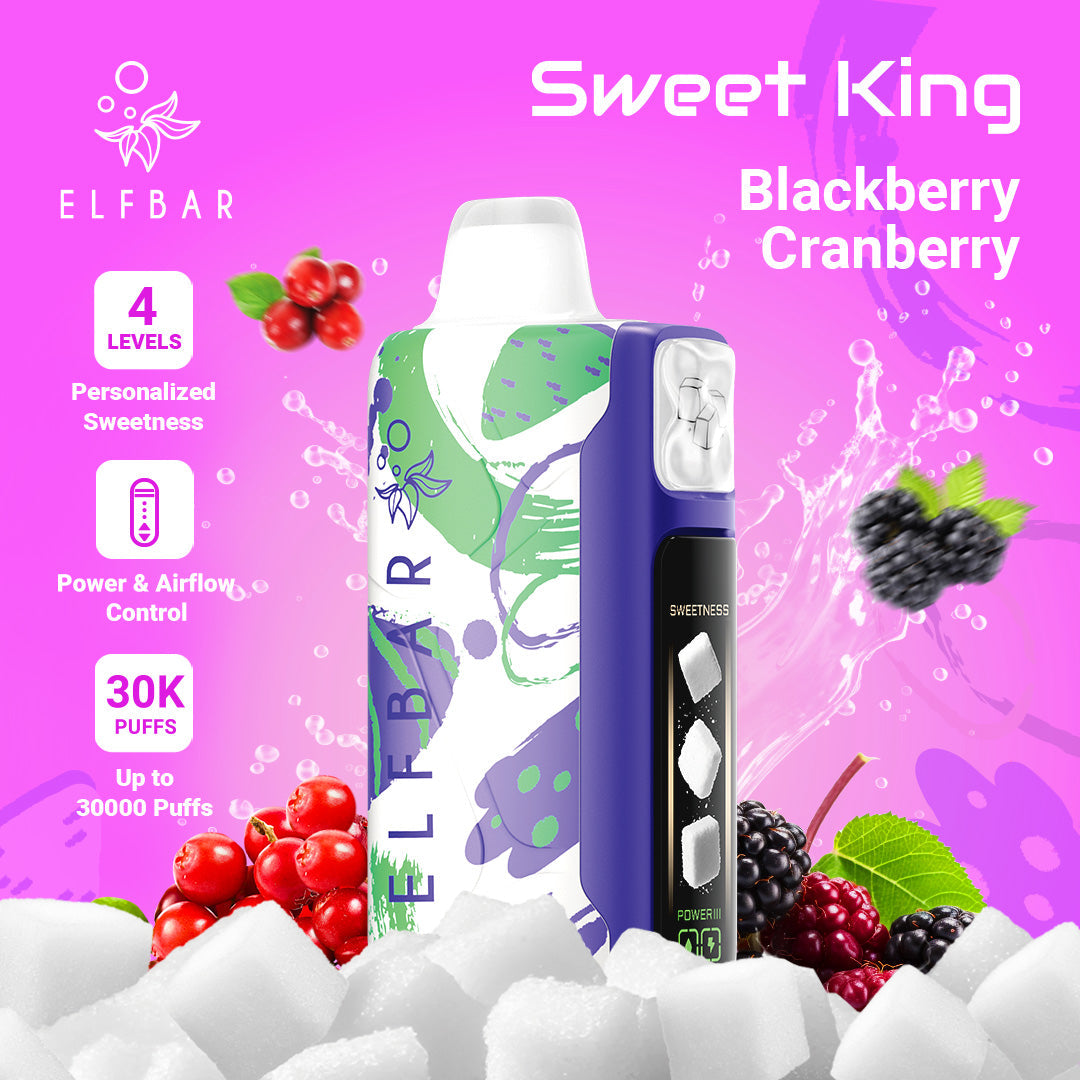 ELF BAR Sweet King Blackberry Cranberry vape device on a pink background with berries and ice cubes.