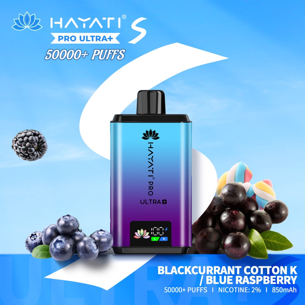 Hayati Pro Ultra vape device with blackcurrants and blueberries on a blue background at vape king uae