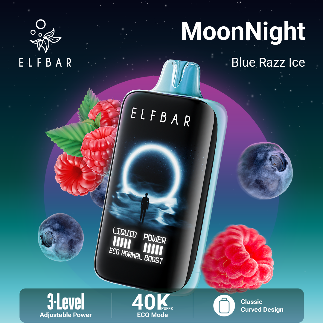 ELF BAR vape device with berries and 'MoonNight Blue Razz Ice' flavor text on a colorful background