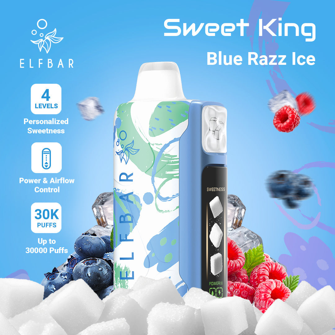 Elfbar Sweet King Blue Razz Ice vape device with blue and white design, surrounded by blueberries, raspberries, and ice cubes on a blue background.