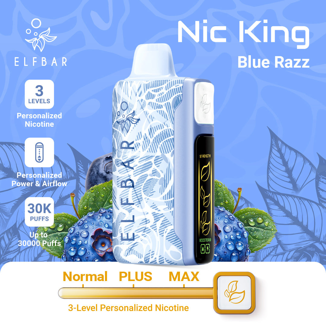 Elf Bar Nic King Blue Razz vape device with branding and product features on a blue background.