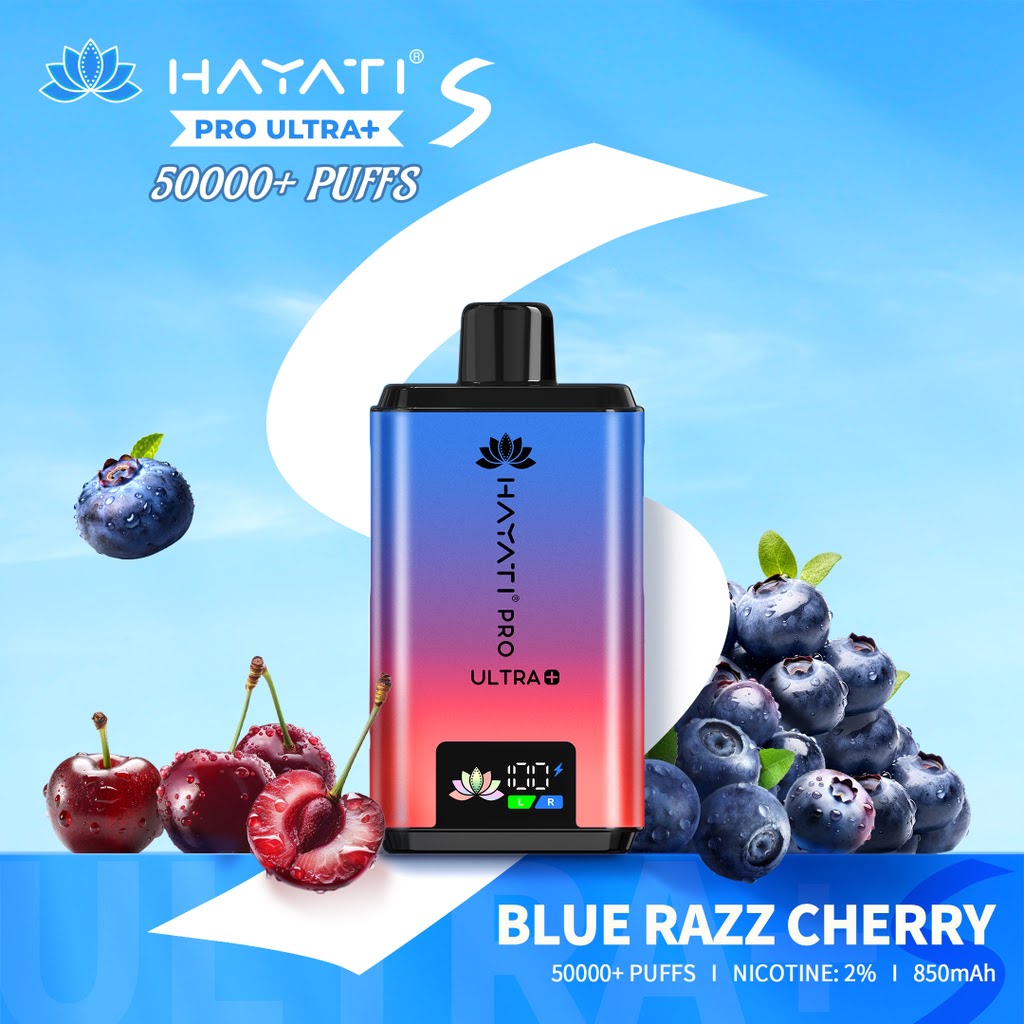 Hayati Pro Ultra+ vape device with blue and red gradient, surrounded by blueberries and cherries on a blue background AT VAPE KING DUBAI