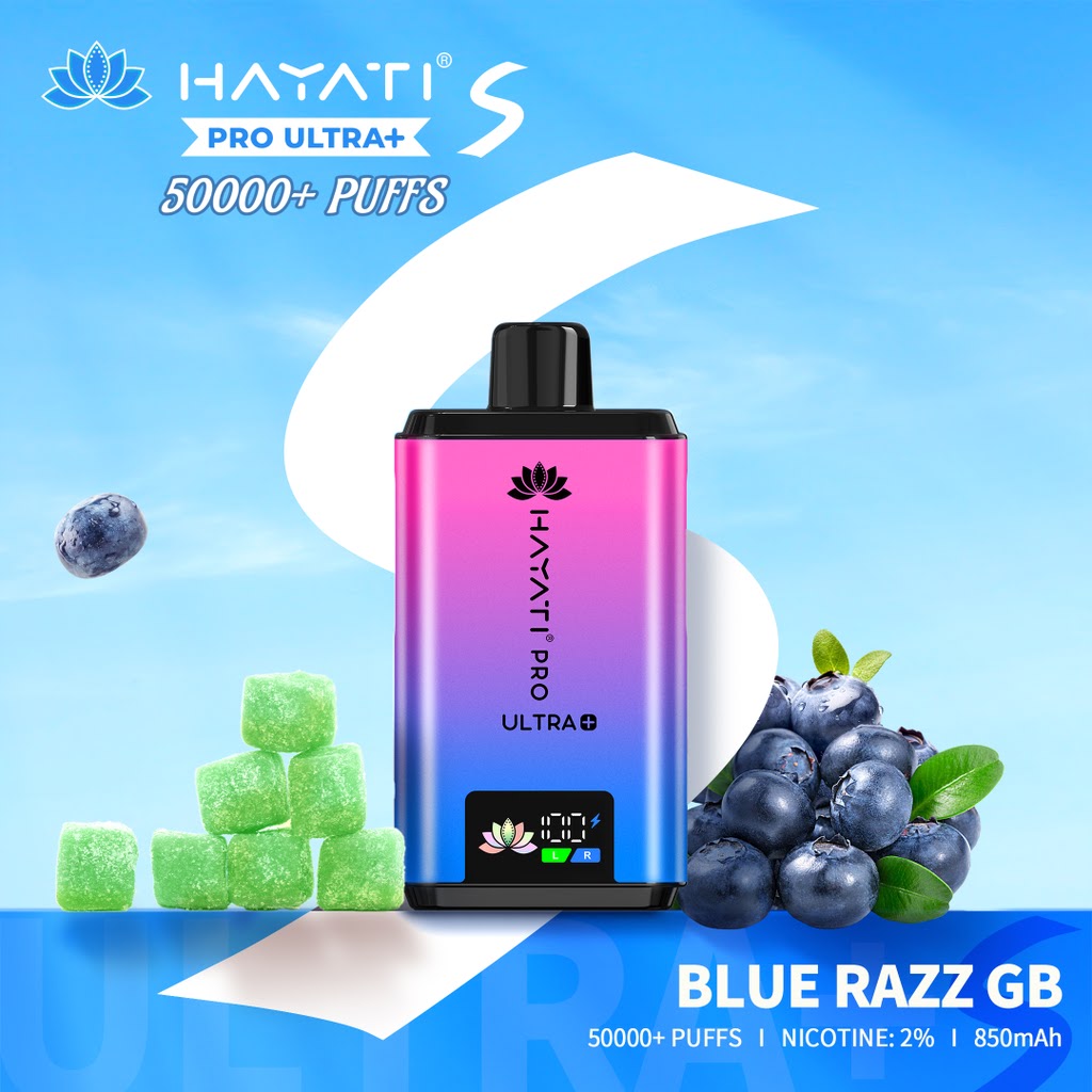 Hayati Pro Ultra vape device with blue and pink gradient on a blue background with blueberries and gummy bears. at vape king uae