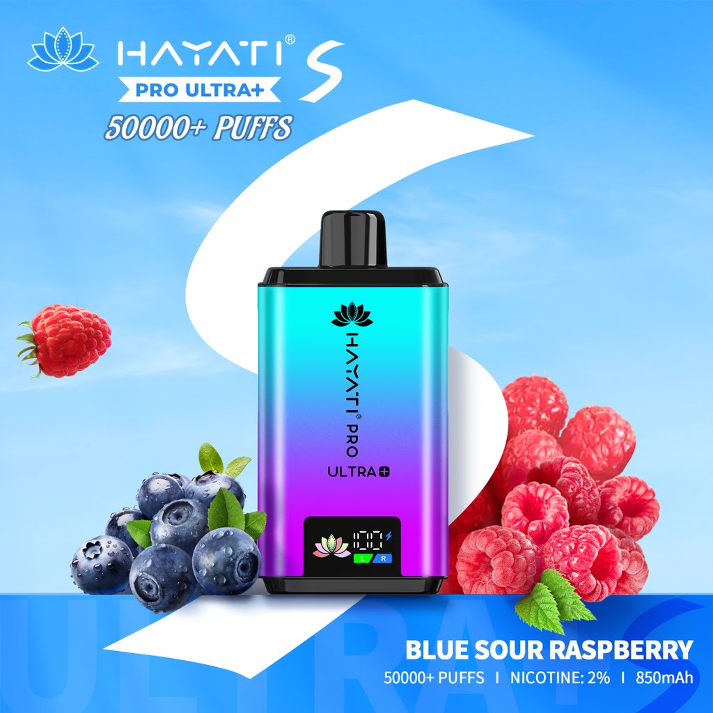 Hayati Pro Ultra+ vape device with blue and purple gradient on a blue background with berries.at vape king uae