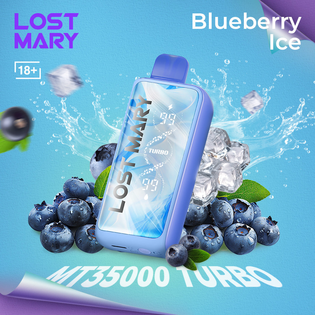Lost Mary MT35000 Turbo vape device with blueberries and ice on a blue background