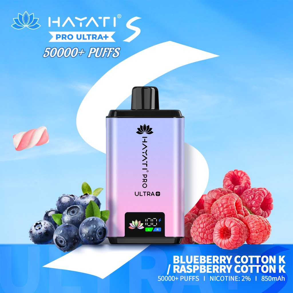 Hayati Pro Ultra+ vape device with blueberries, raspberries, and a blue background AT VAPE KING DUBAI
