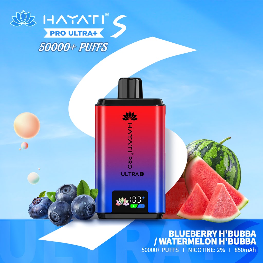 Hayati Pro Ultra vape device with blueberry, watermelon, and watermelon slices on a blue background at vape king uae