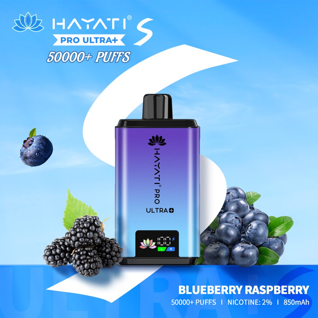Hayati Pro Ultra vape device with blueberries and raspberries on a blue background at vape king uae