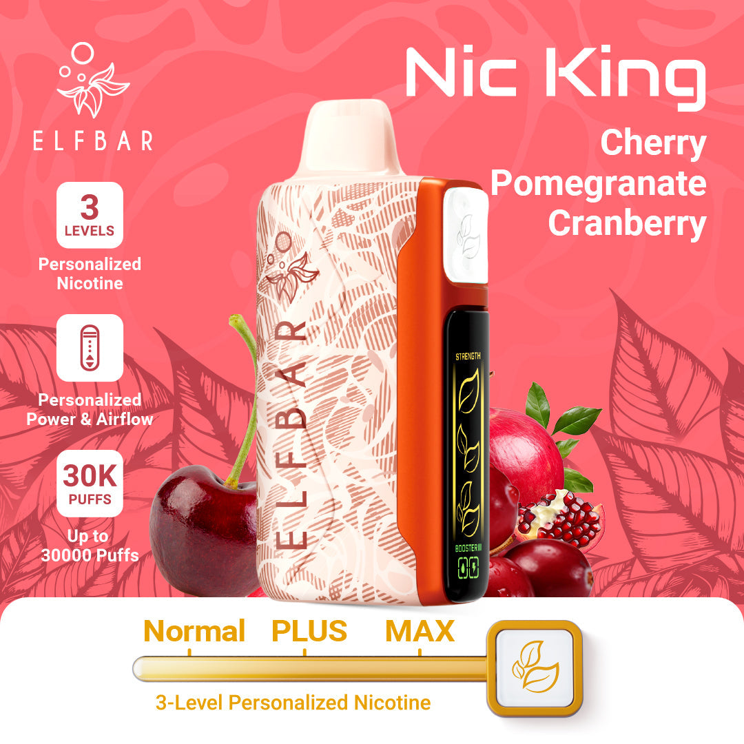 Elf Bar vape device with cherry, pomegranate, and cranberry graphics on a pink background