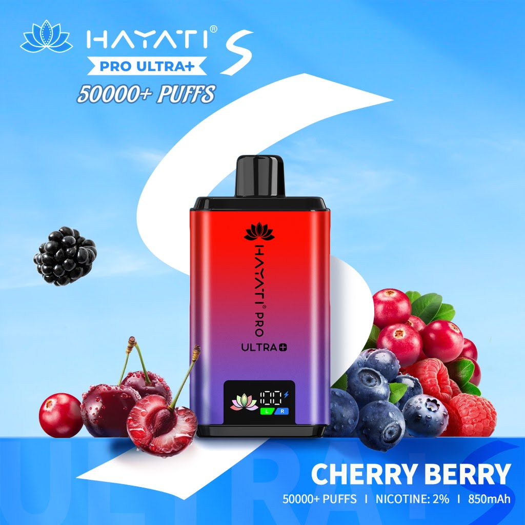 Hayati Pro Ultra+ vape device with cherry berry flavor on a blue background at vape king uae
