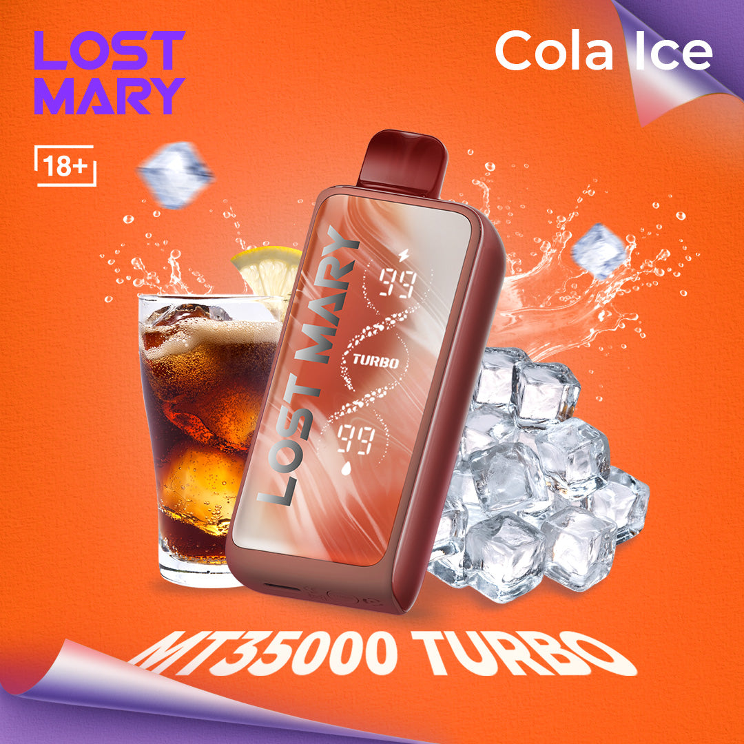 Lost Mary MT35000 Turbo vape device with cola and ice elements on an orange background