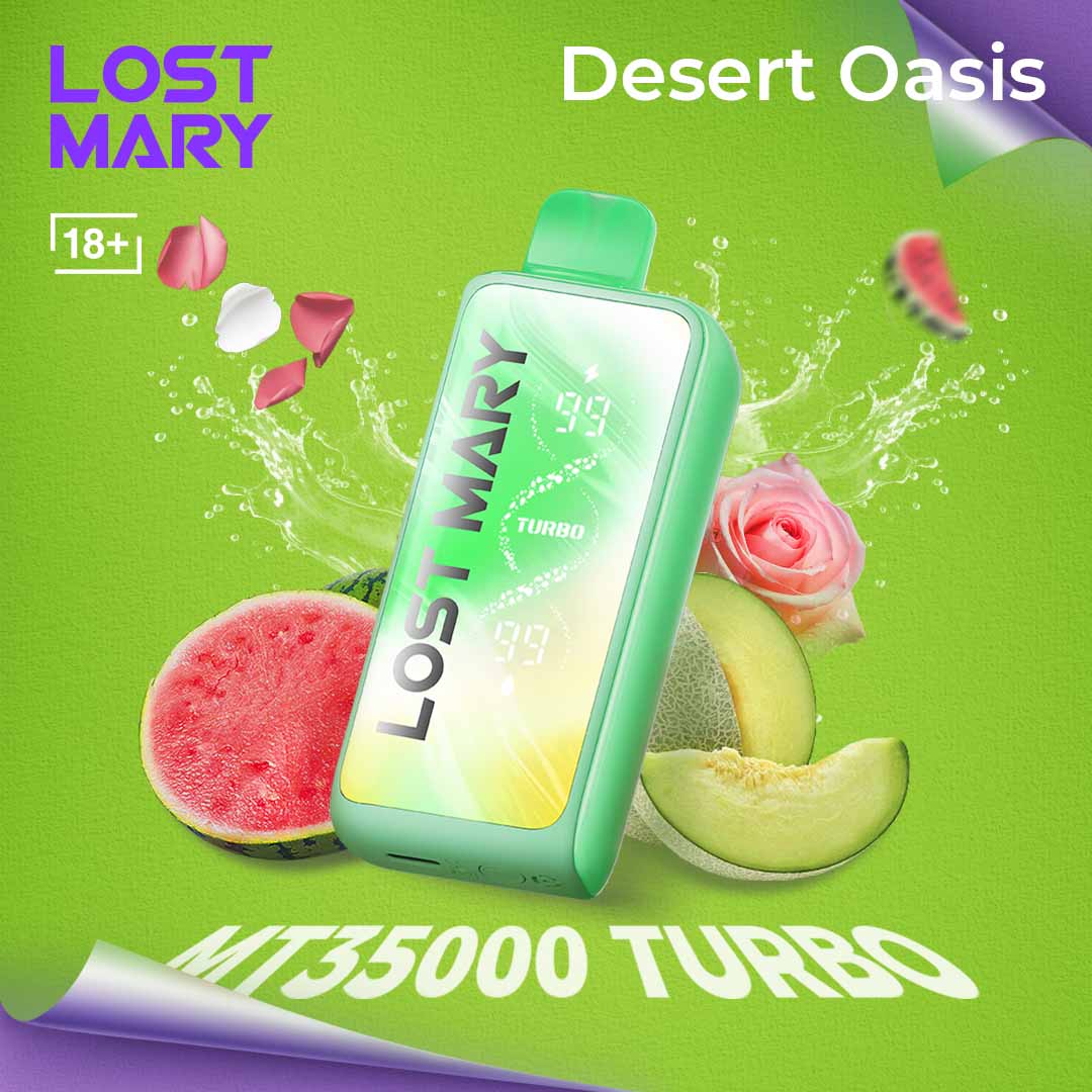 Lost Mary vape device with watermelon and avocado on a green background