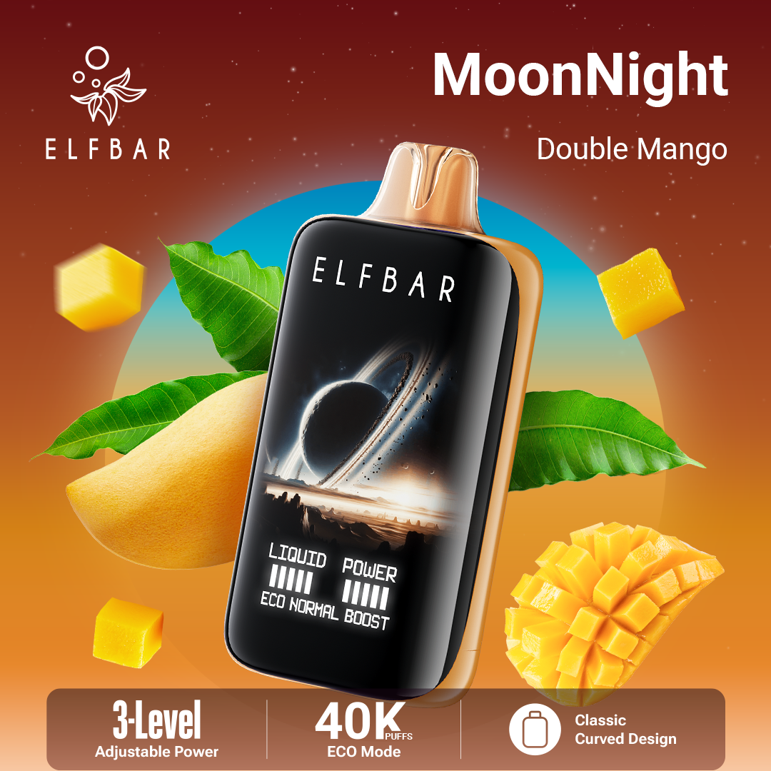 ELF BAR vape device with Mango flavor elements on a gradient background