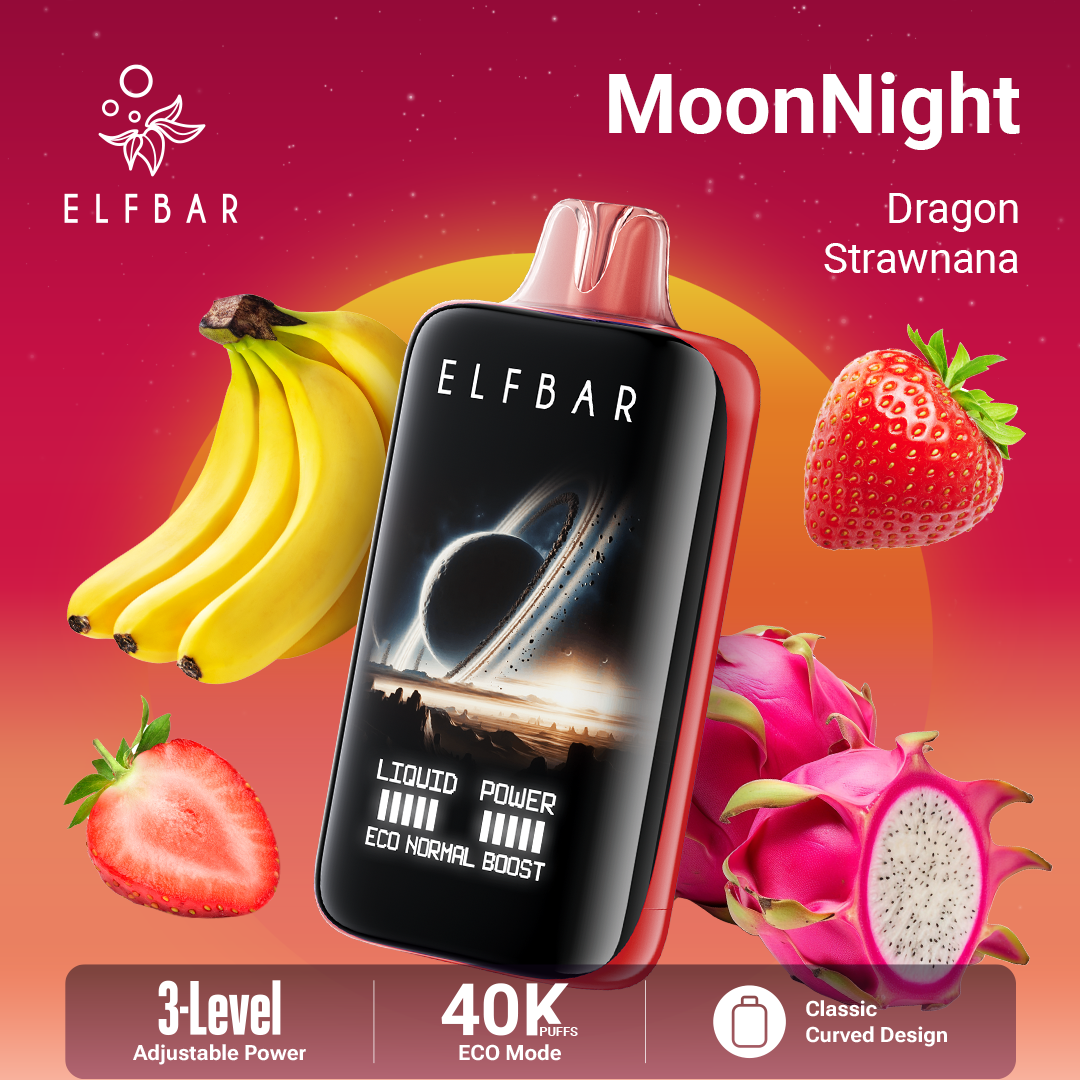 Elfbar vape device with dragon fruit, strawberry, and banana on a colorful background