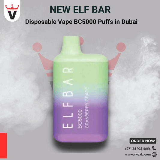 Elf Bar Disposable Vape BC5000 Puffs in Cranberry Grape flavor with dual mesh coil and rechargeable battery.