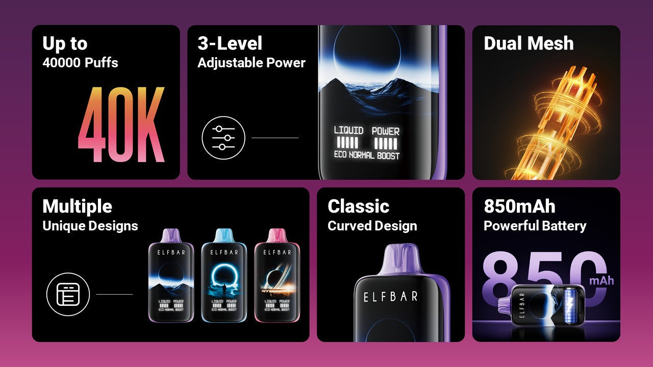 Product features of a vaping device with text and images on a purple background about elfbar moon night 40k at vape king dxb