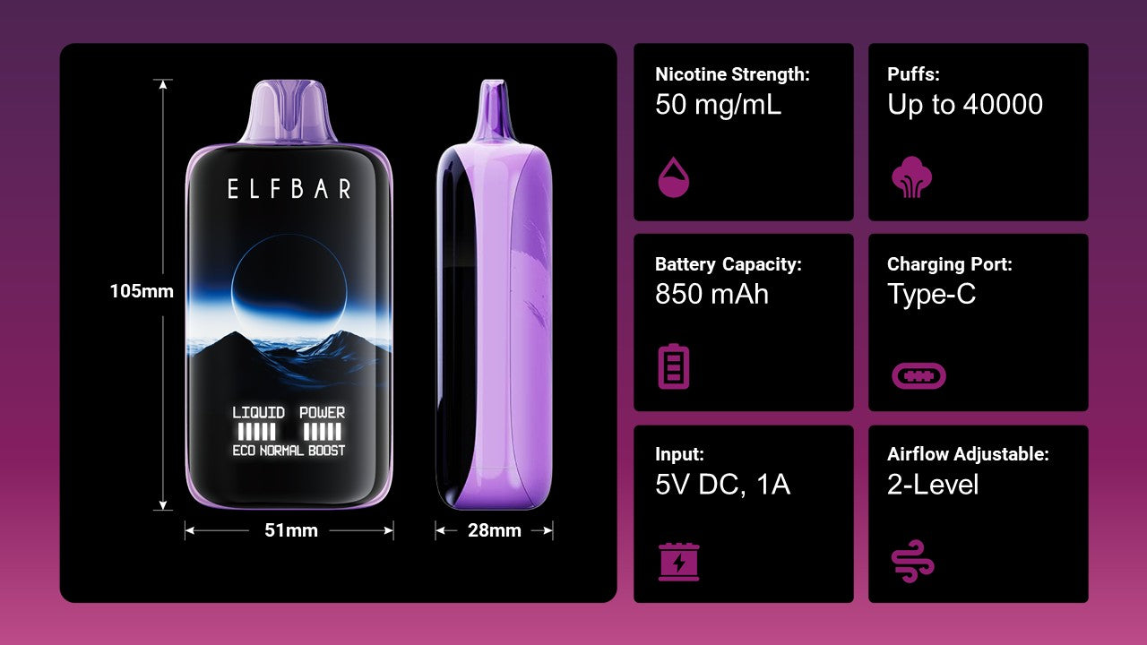 Elf Bar vape device with specifications on a purple gradient background