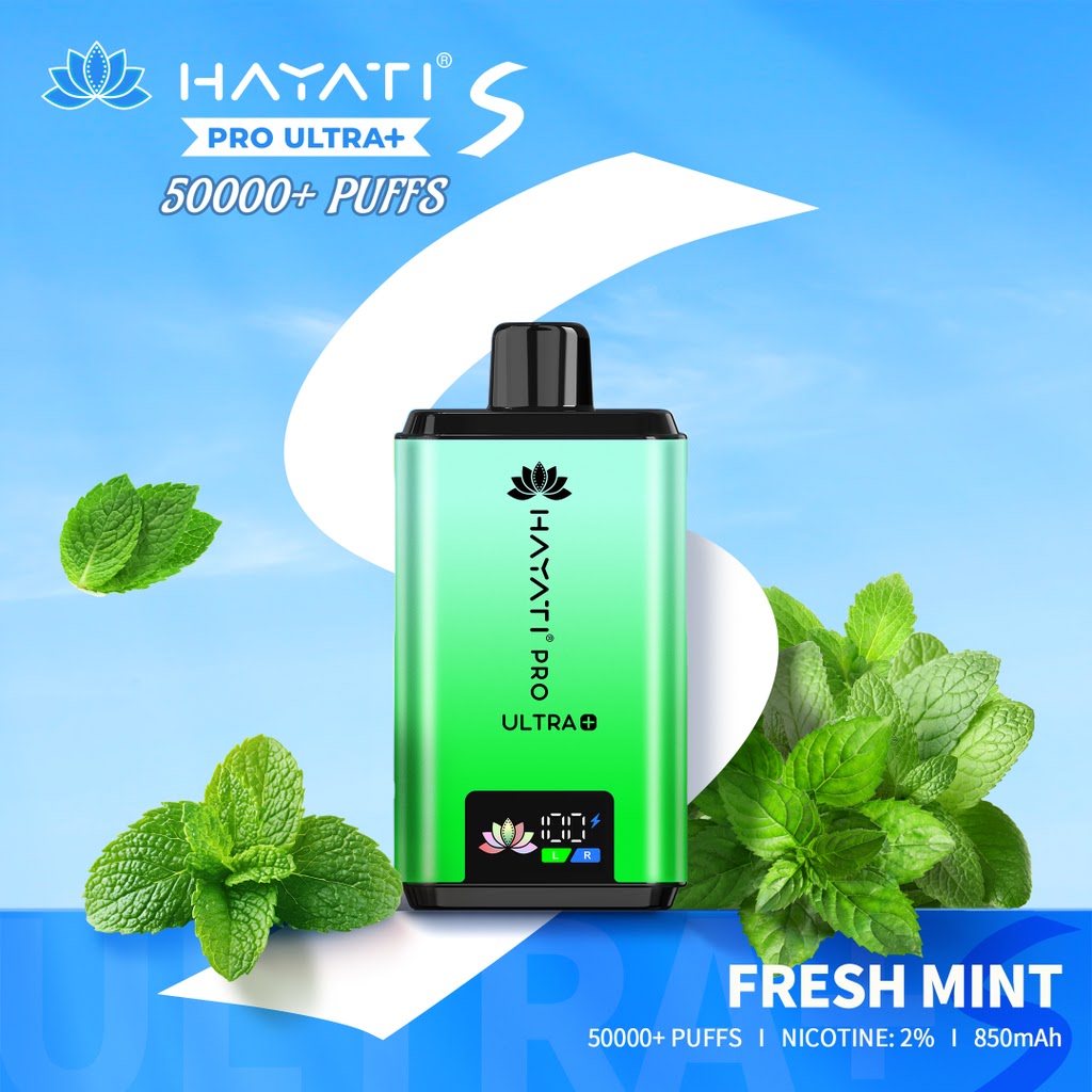 Hayati Pro Ultra vape device with mint leaves on a blue background at vape king uae