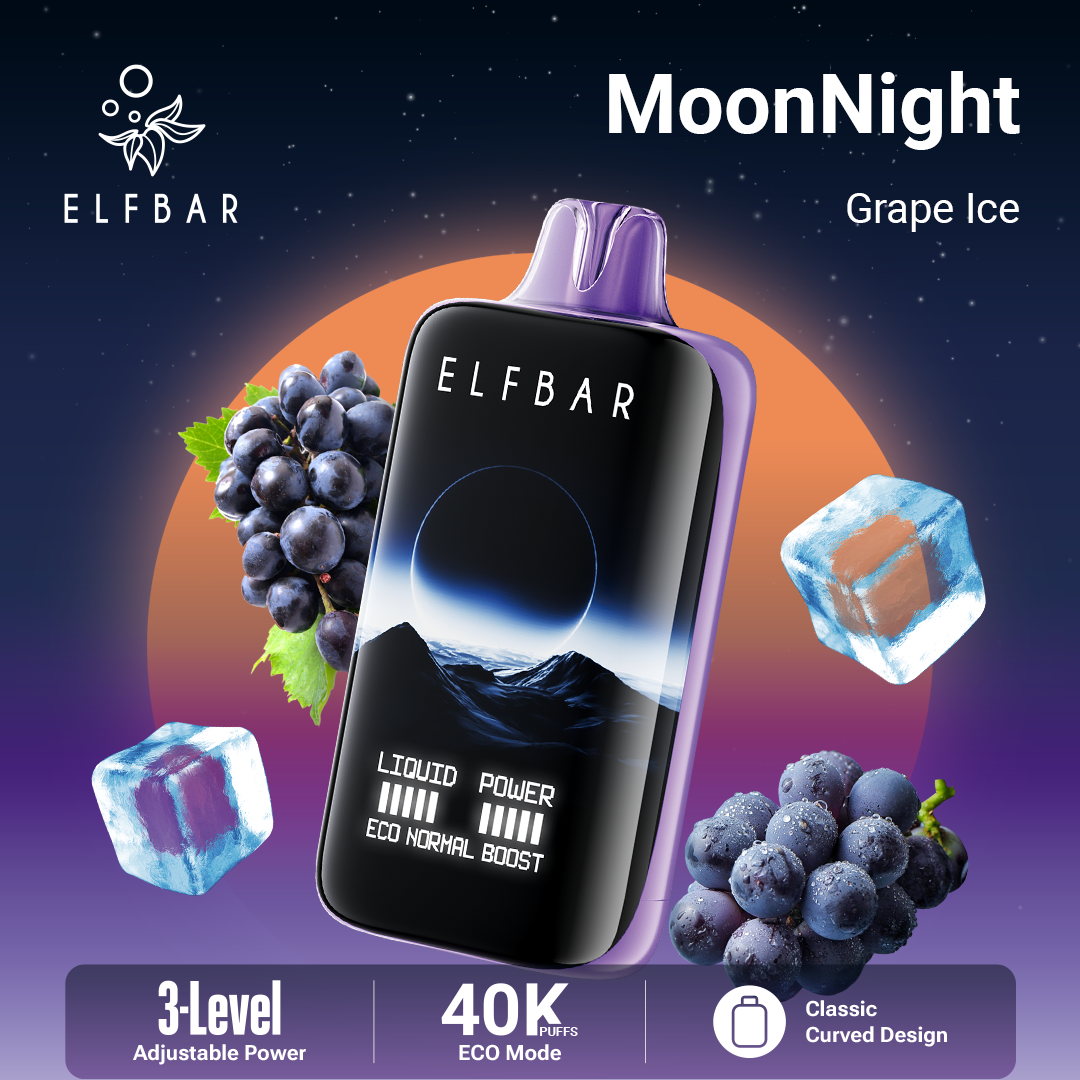 Elfbar vape device with grapes and ice cubes on a dark background, featuring the brand 'MoonNight'.