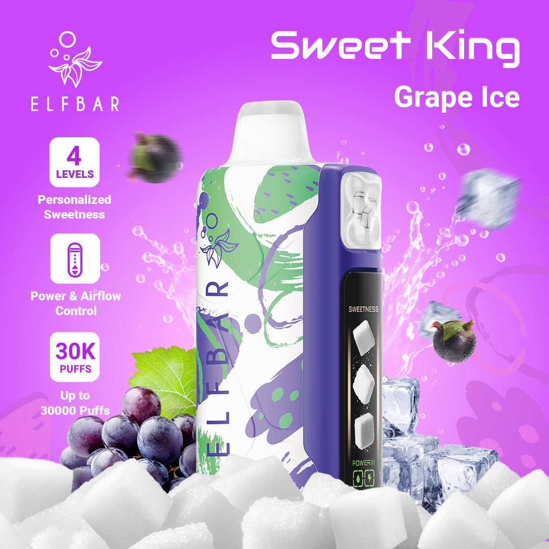 ELF BAR Sweet King Grape Ice vape device on a purple background with graphics and text.