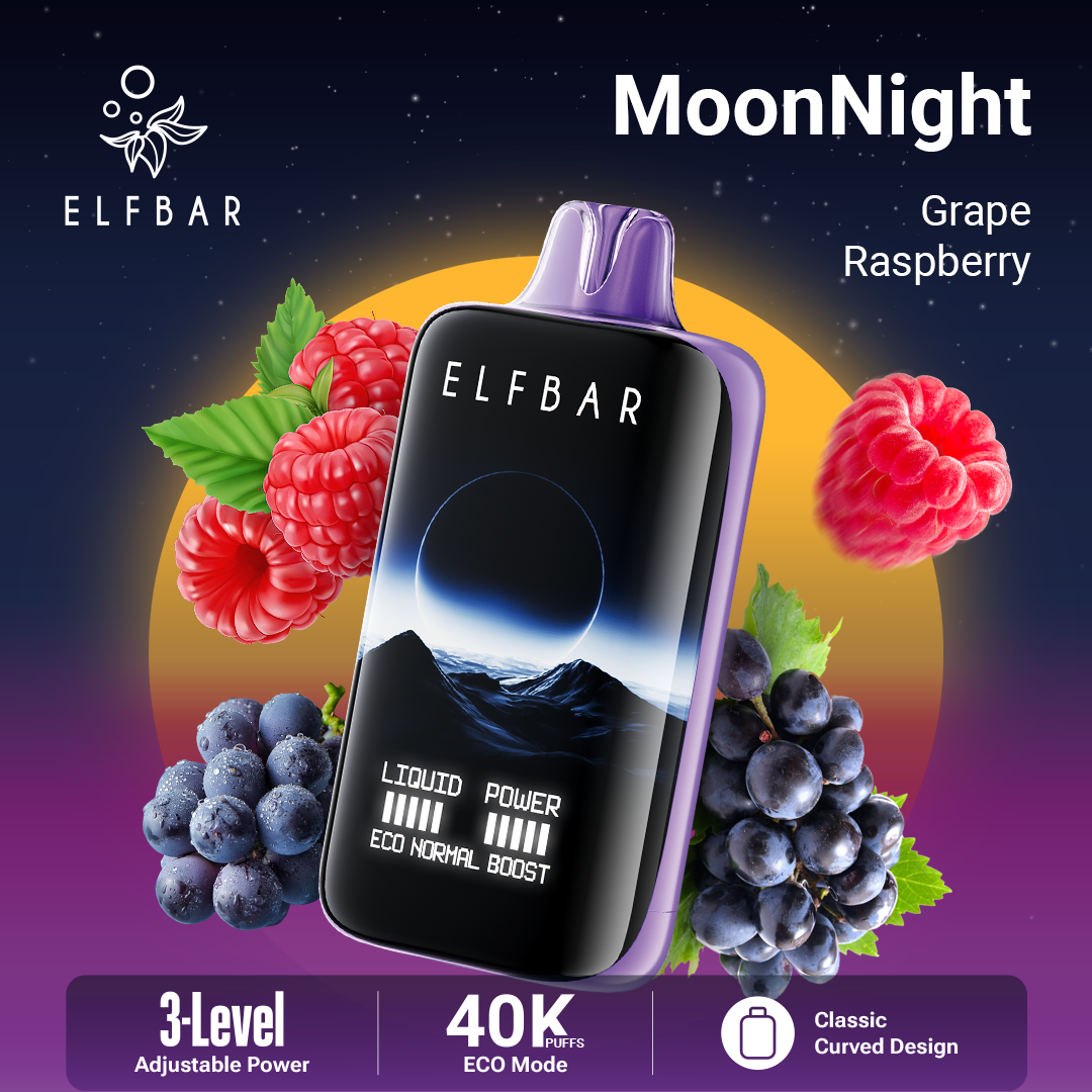 Elfbar vape device with grapes and raspberries on a colorful background