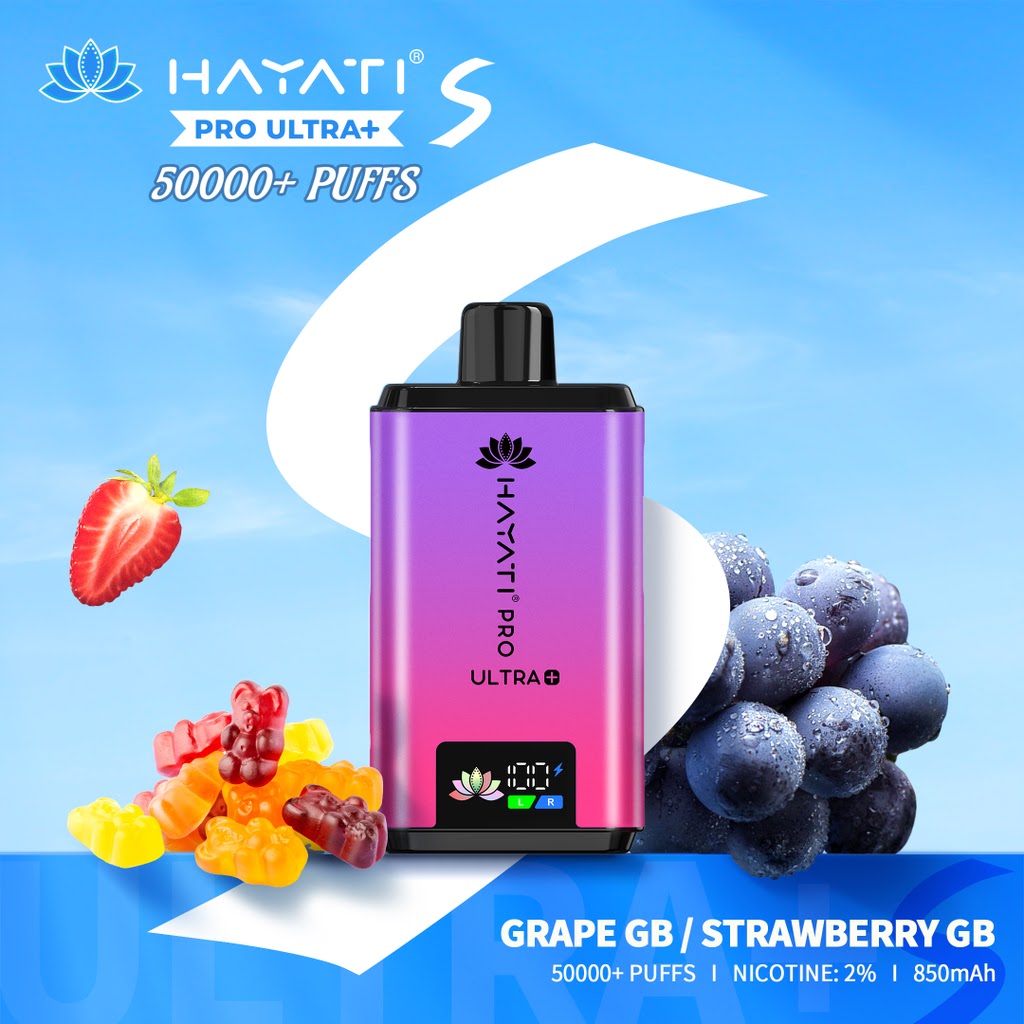 Hayati Pro Ultra+ vape device with grape, strawberry, and gummy bear graphics on a blue background at vape king uae