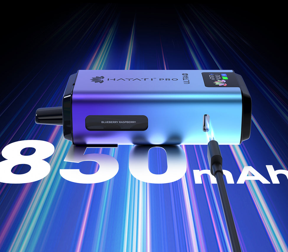 Blue electronic device with 'HATATI PRO' branding on a dark background with colorful light effects. AT VAPE KING DUBAI