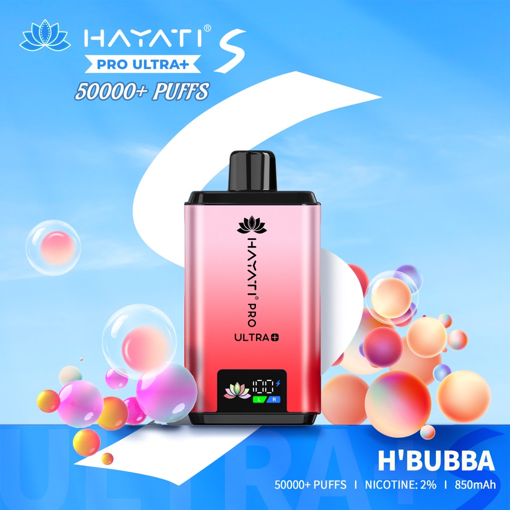 Hayati Pro Ultra+ vape device with colorful bubbles on a blue background AT VAPE KING DUBAI
