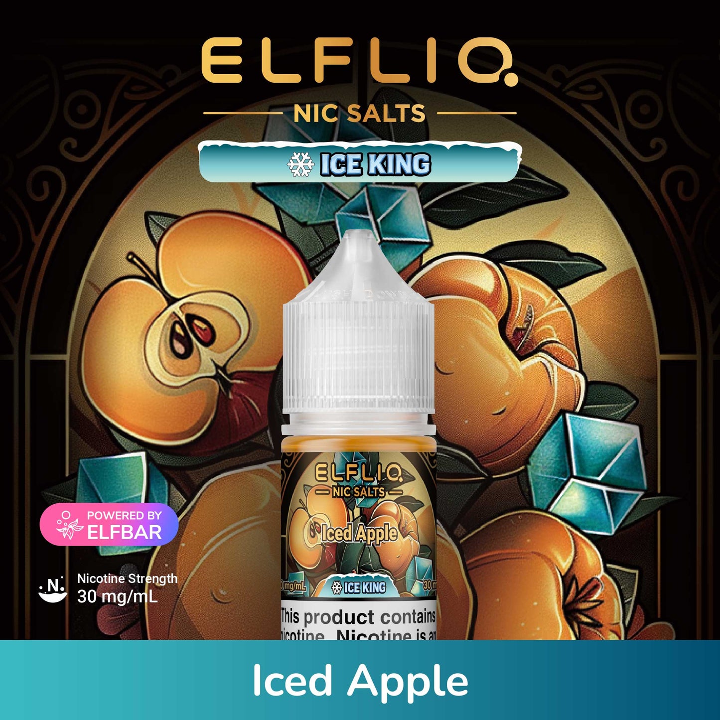 Elfliq Nic Salts Ice King Iced Apple flavor bottle with decorative background