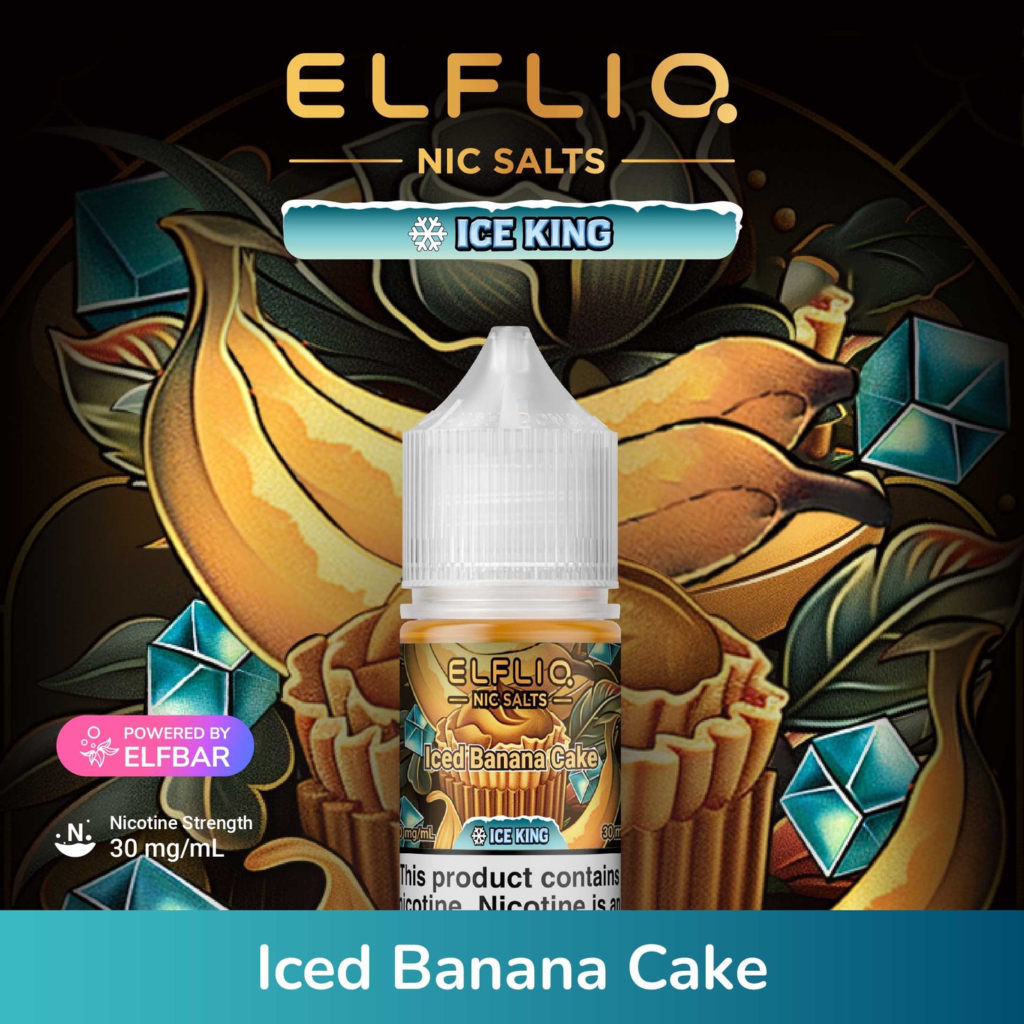 Elfliq Nic Salts Ice King Iced Banana Cake flavor bottle with decorative background